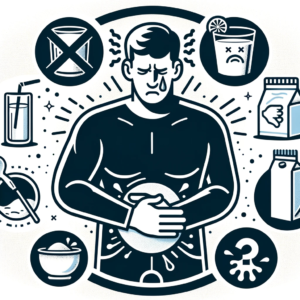 Whey Protein Side Effects - An illustrated list of whey protein side effects, including bloating, gastrointestinal distress, and potential for allergic reactions.